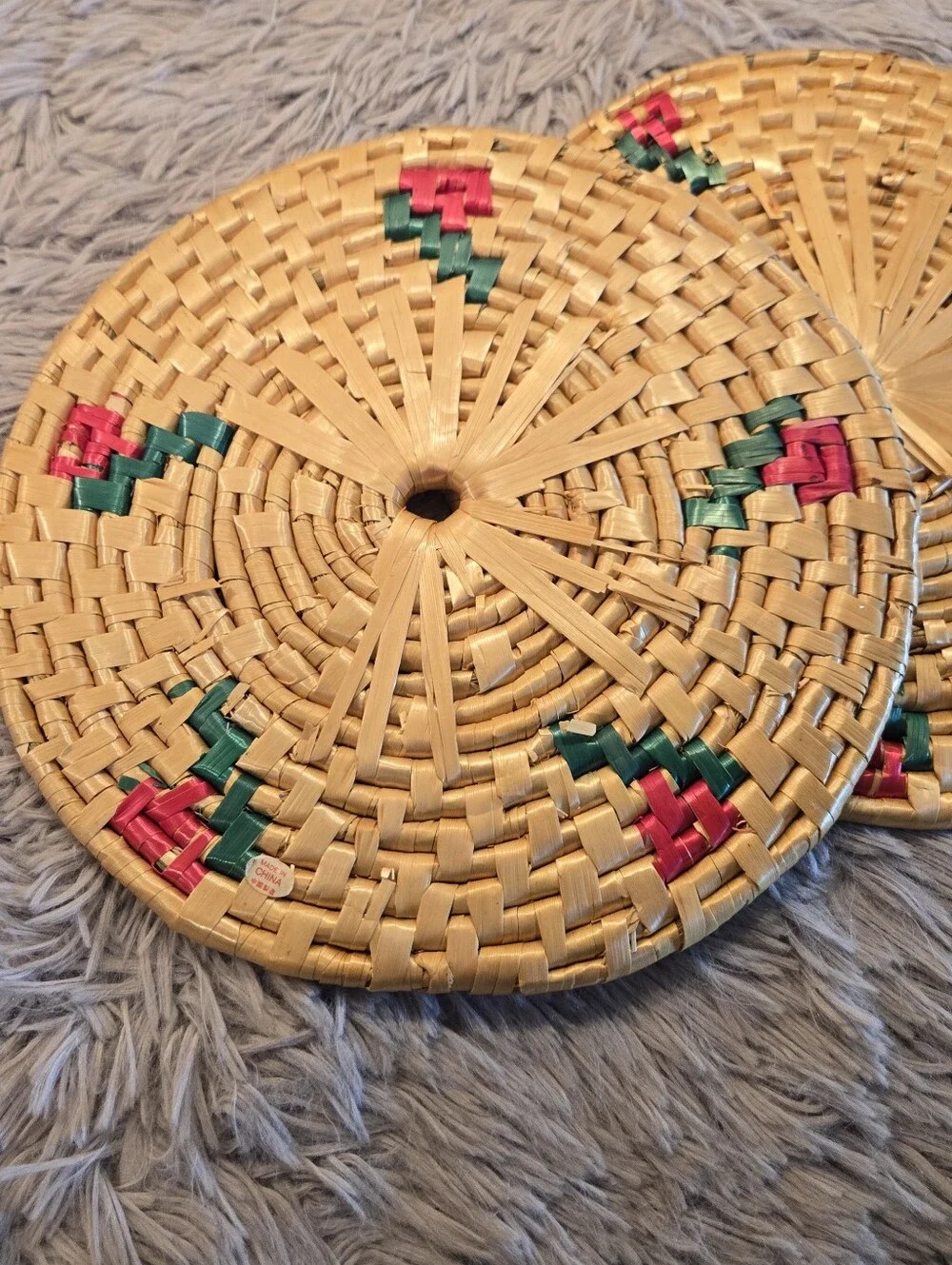 Vintage Trivets Handwoven Round Rattan Coasters with Red & Green Accents